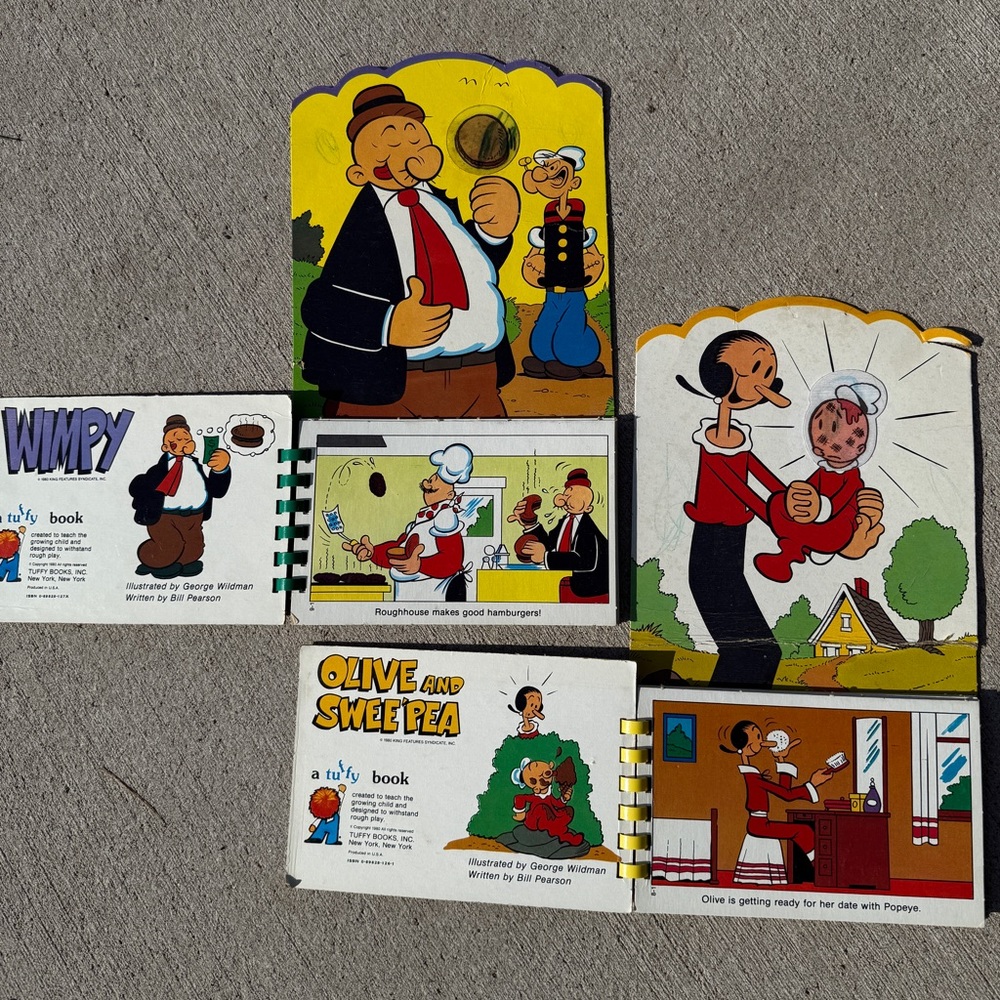 Popeye Tuffy Books Olive Sweet Pea Wash Up Wimpy Whats Good To Eat Pearson VTG